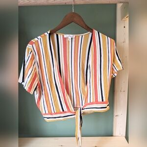 Love Tree Womens Striped Tie-Front Cropped Top Size Large